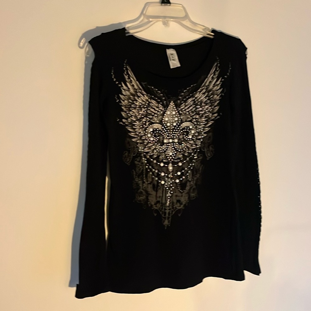 Adorable rhinestone wings cold shoulder  with braided arm detail top